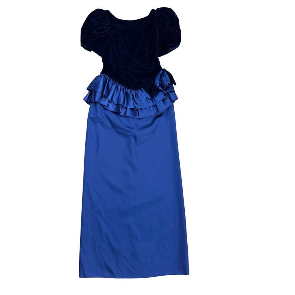 Vintage 80s Navy Blue Velvet Satin Peplum Evening Gown Dress party‎ formal